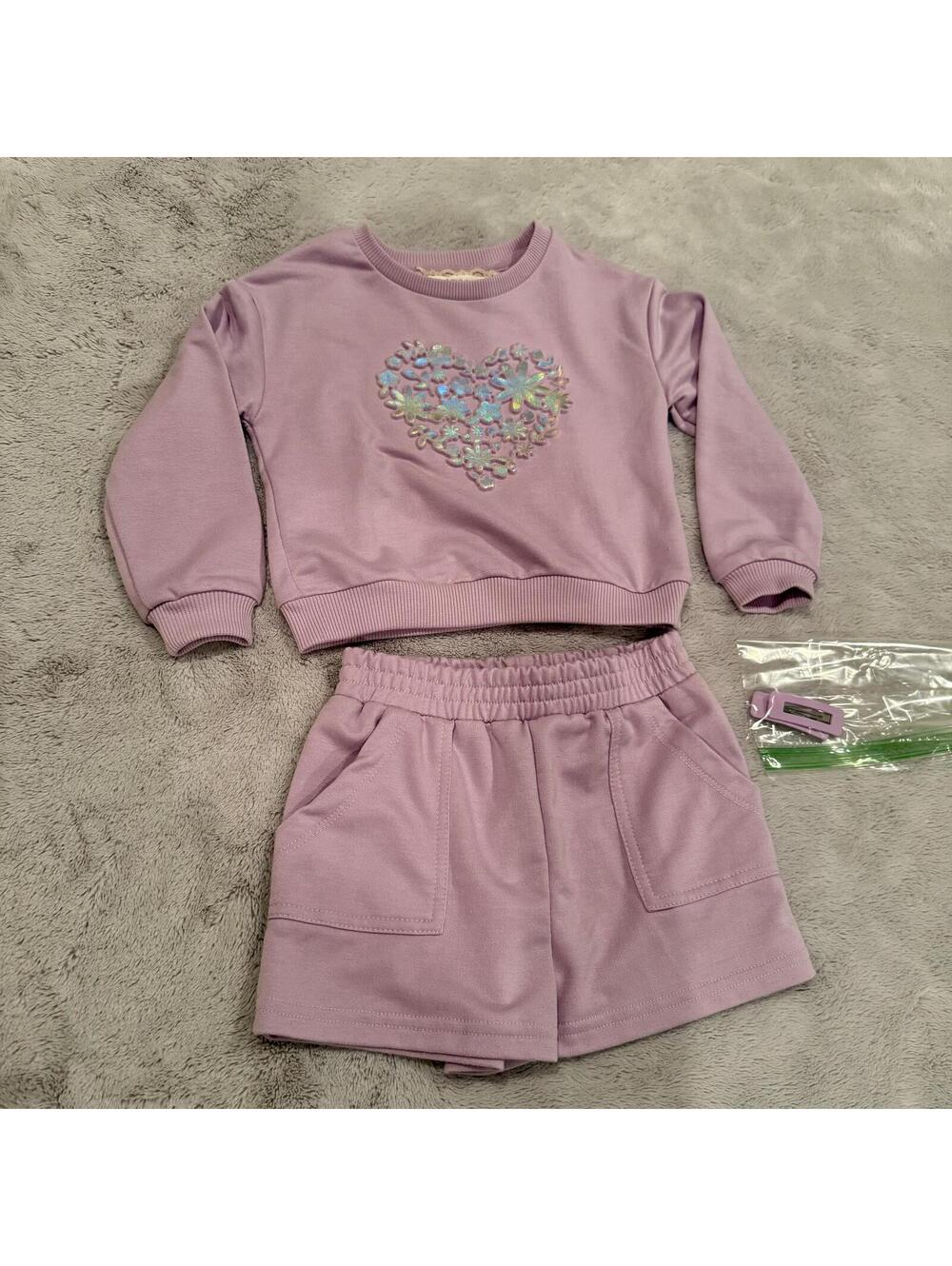 Toddler Girls 3T Lavender Heart Sweatshirt and Shorts Set